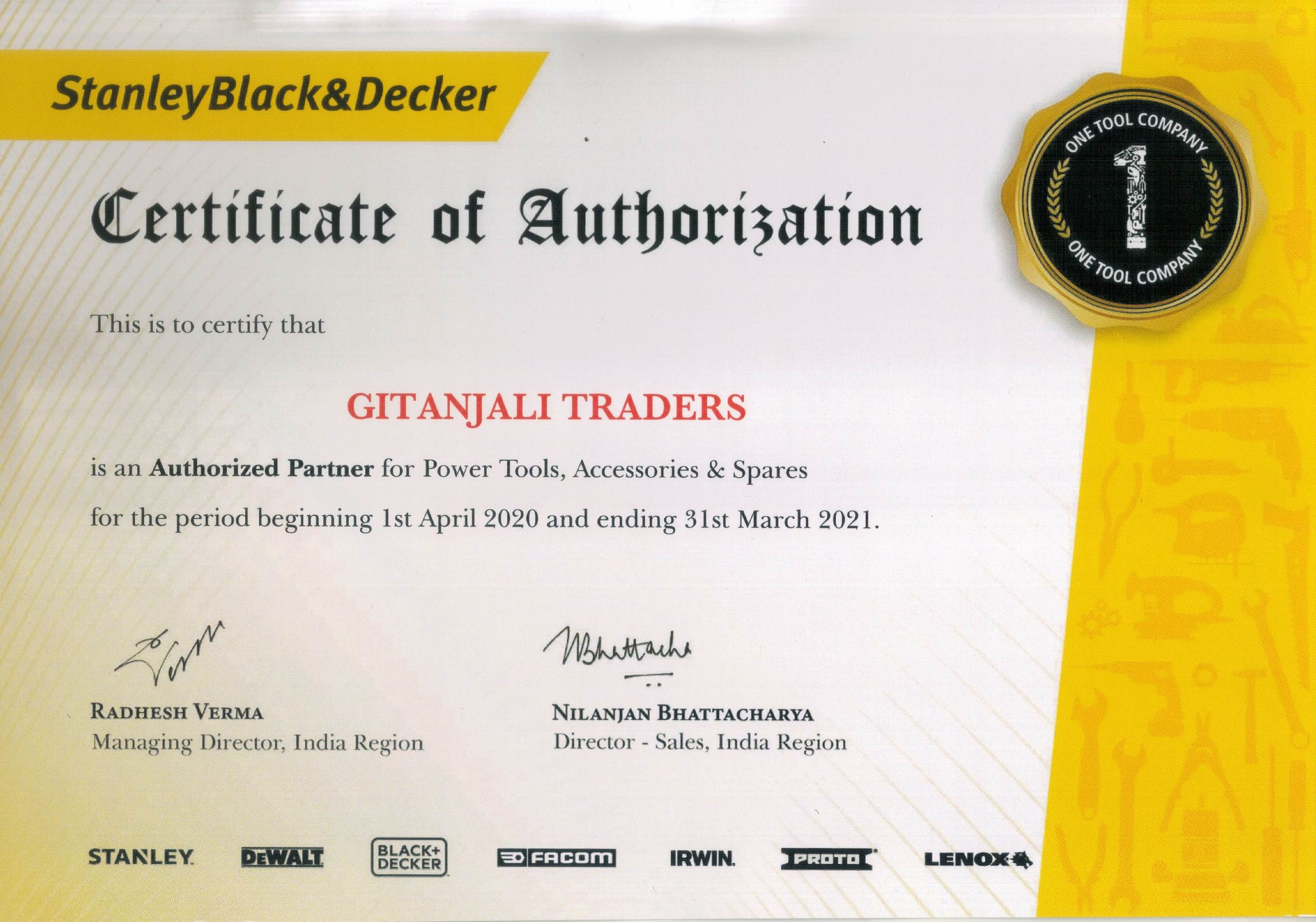 stanley black & decker of certificate