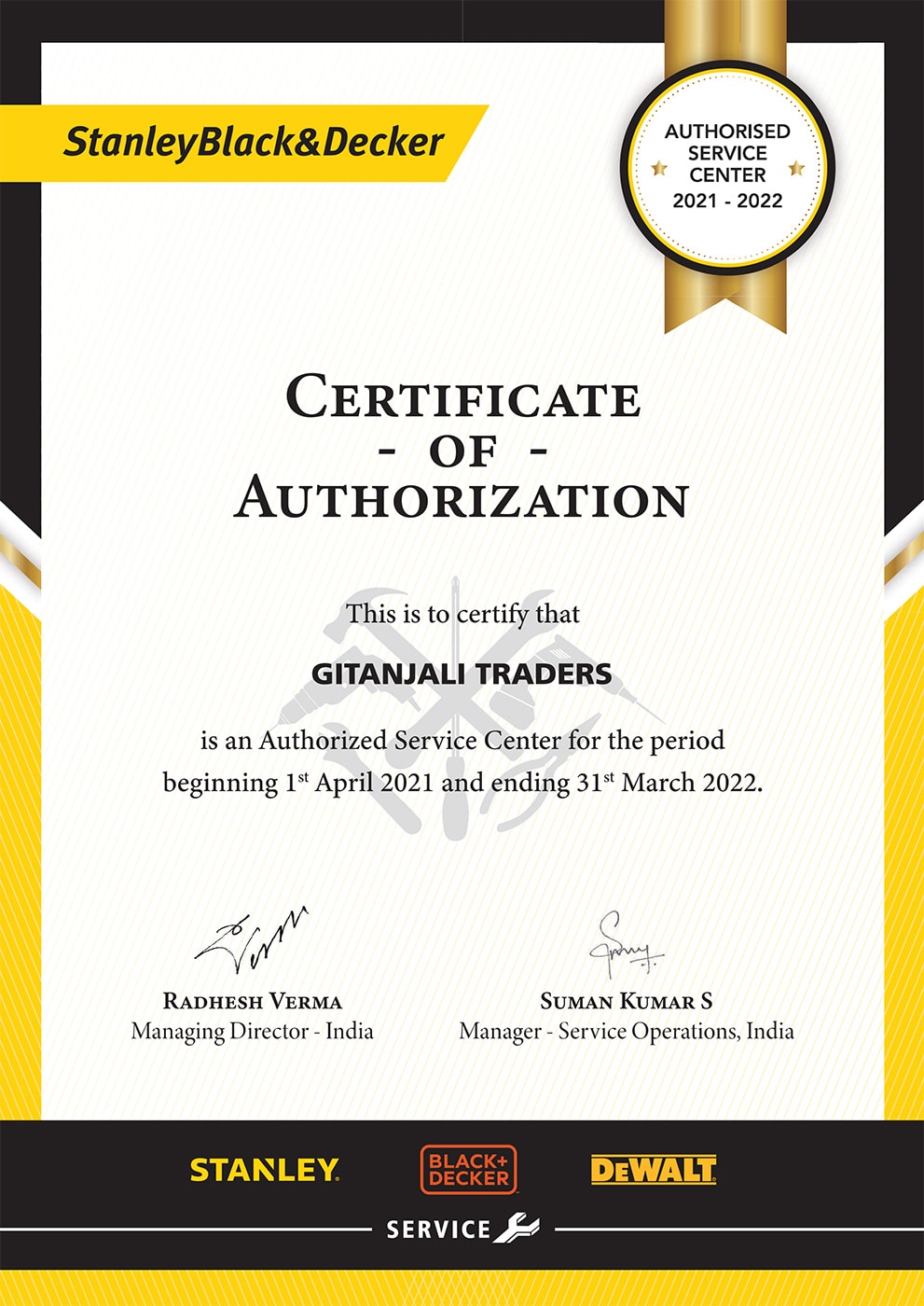 certificate of authorization dewalt-certificate-service-center