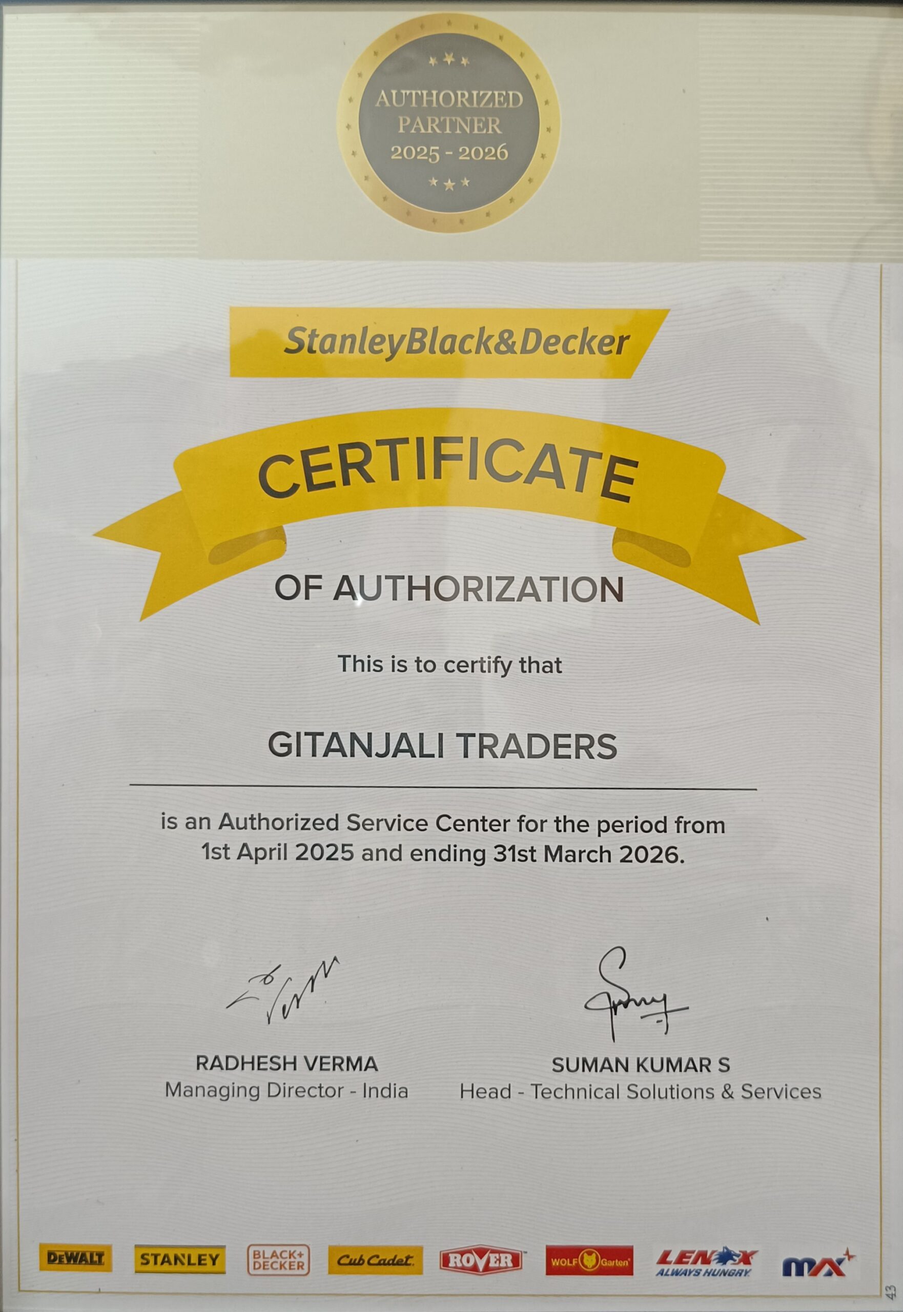 SBD Authorised Service Center Certificate 2025