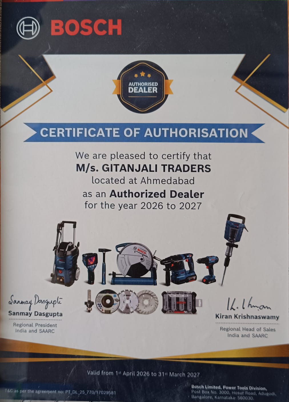 Bosch Authorization 2026-2027 Certificate GITANJALI TRADERS