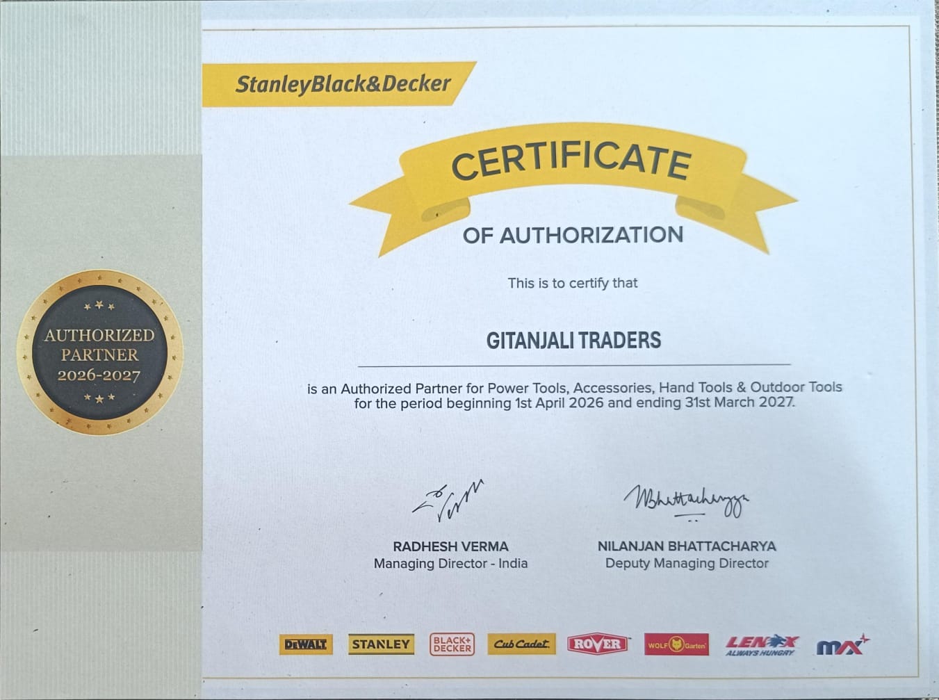 SBD Dealer-Authorization 2026-2027 Certificate GITANJALI TRADERS 1