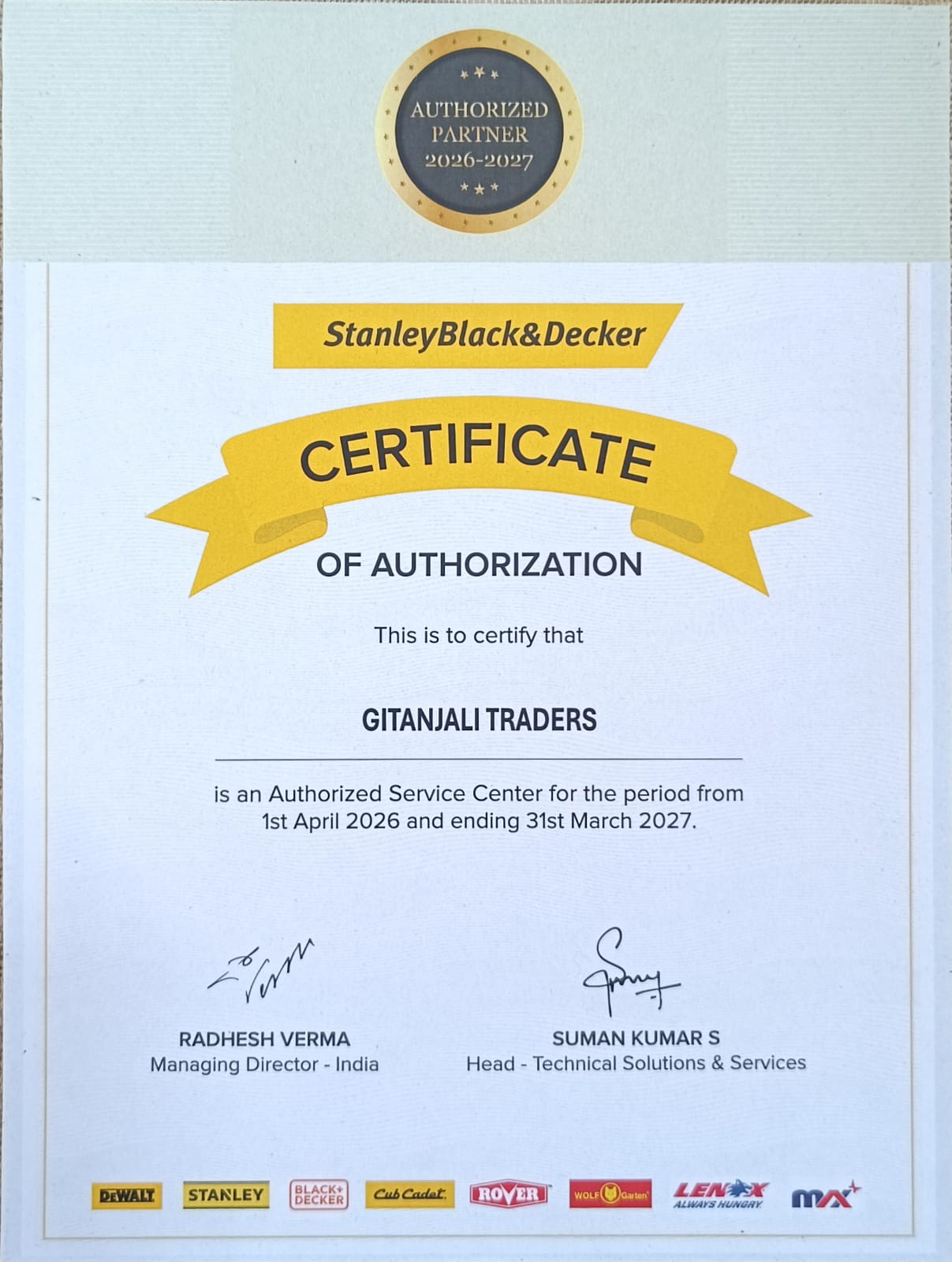 SBD Service Center-Authorization 2026-2027 Certificate GITANJALI TRADERS